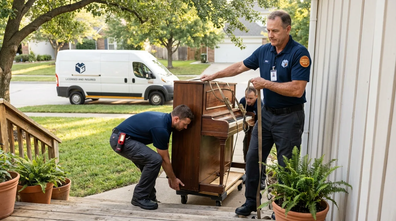 Licensed piano movers securing grand piano in Wolcott, NY