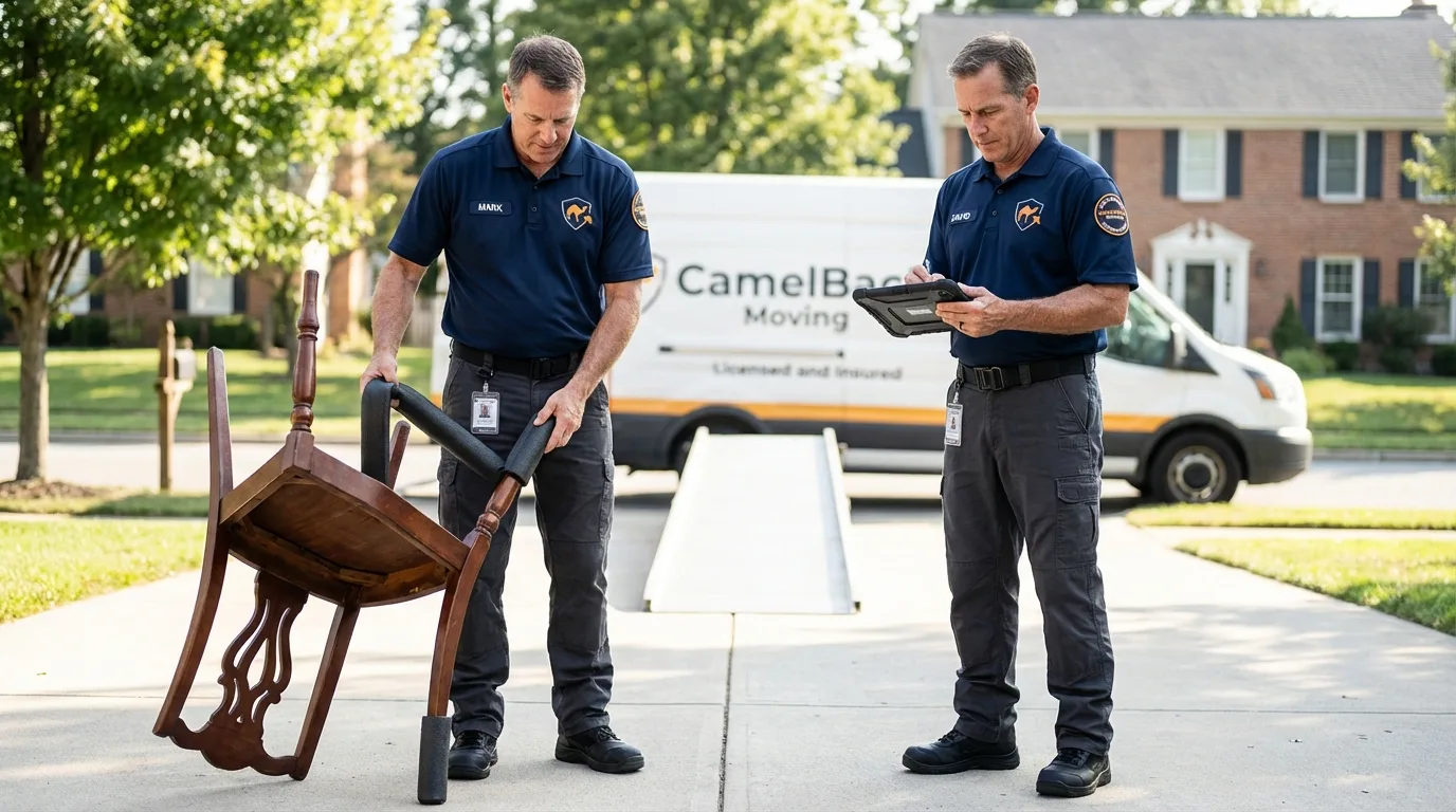 Movers inspecting furniture for damage prevention before loading in Wolcott, NY
