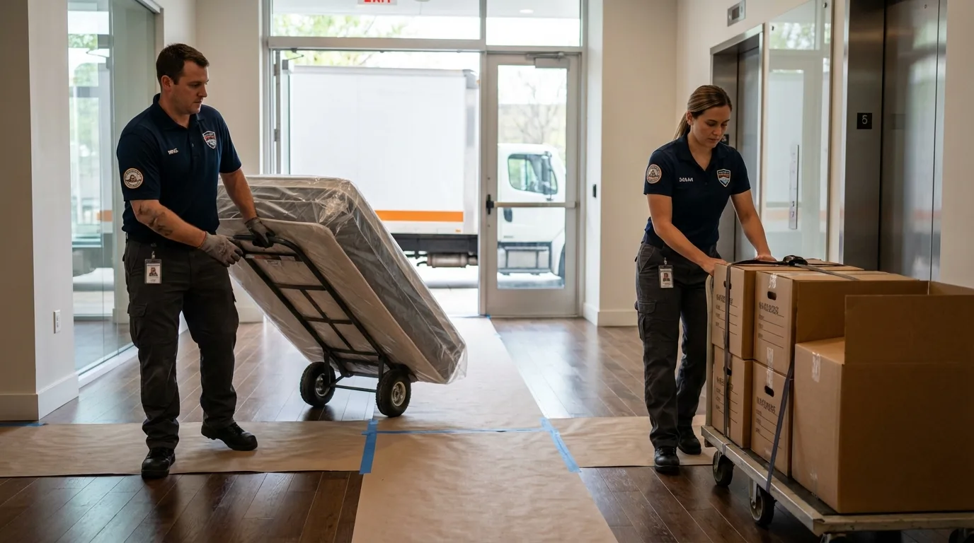 Professional apartment movers loading elevator in Wolcott, NY