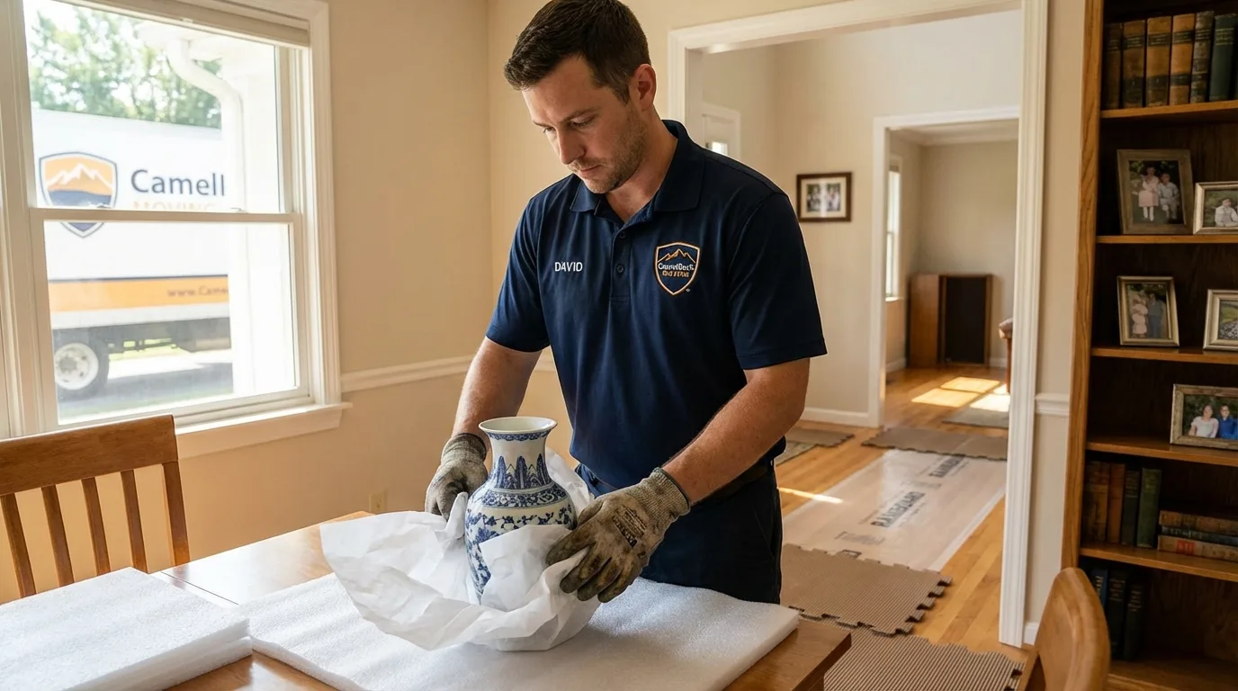 Professional crew carefully wrapping antique vase for senior downsizing move in Wolcott, NY